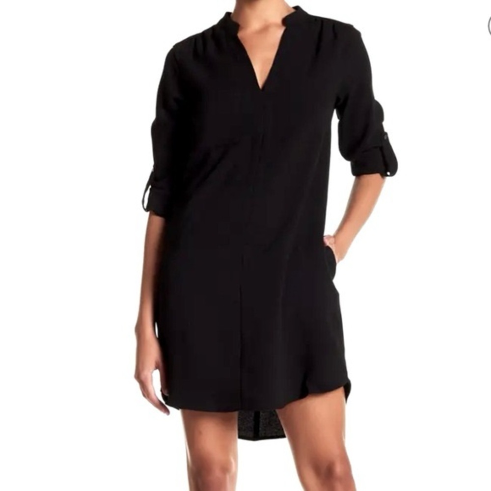 Lush Black Shift Dress V-Neck Short Sleeve Dress Stretch Women's Size S